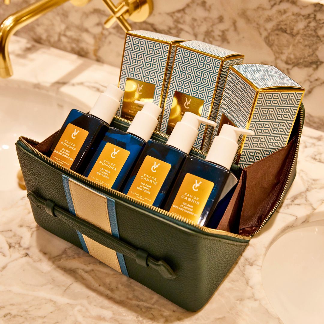 Men's luxury body wash & skincare gift set in a luxury leather branded wash bag London 